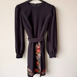 Ted Baker Long Sleeve Belted Floral Embroidered Dress Navy